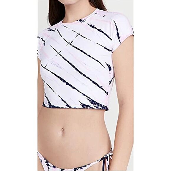 L*SPACE Tie Dye Wildflower Surfer Rash Guard Swim Top White Pink Navy Size XS - Picture 5 of 13